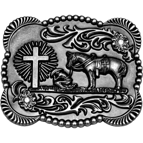 Women Flower Silver Religion Cross Kneeling Prayer And Horse Design Belt Buckles main image 5